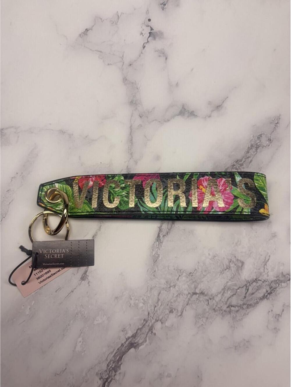 Victoria’s Secret Wristlet Keychain Tropical Floral Strap Gold Hardware NWT